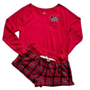 Disney Parks Red Top Plaid Shorts Pajama Set Women's Size S